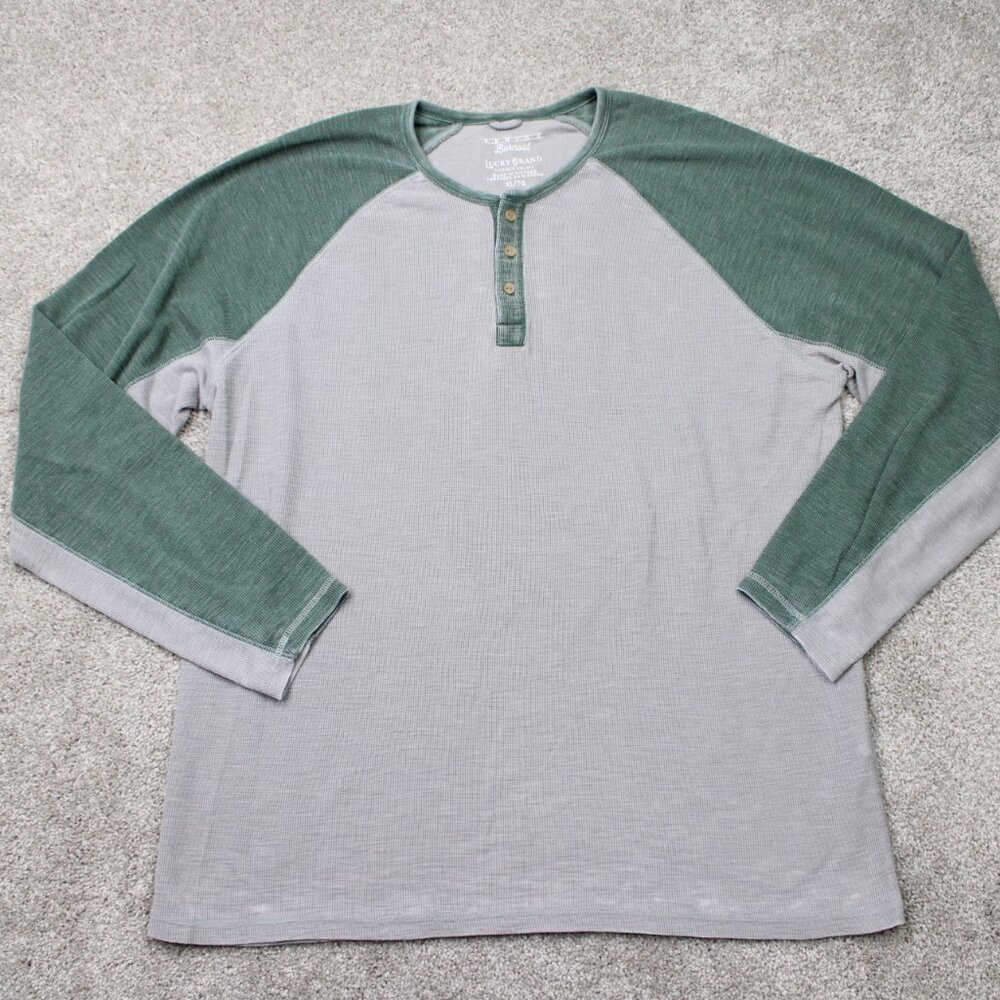 Lucky Brand Henley Shirt Mens XL Gray/Green Venice Burnout Long Sleeve Pullover